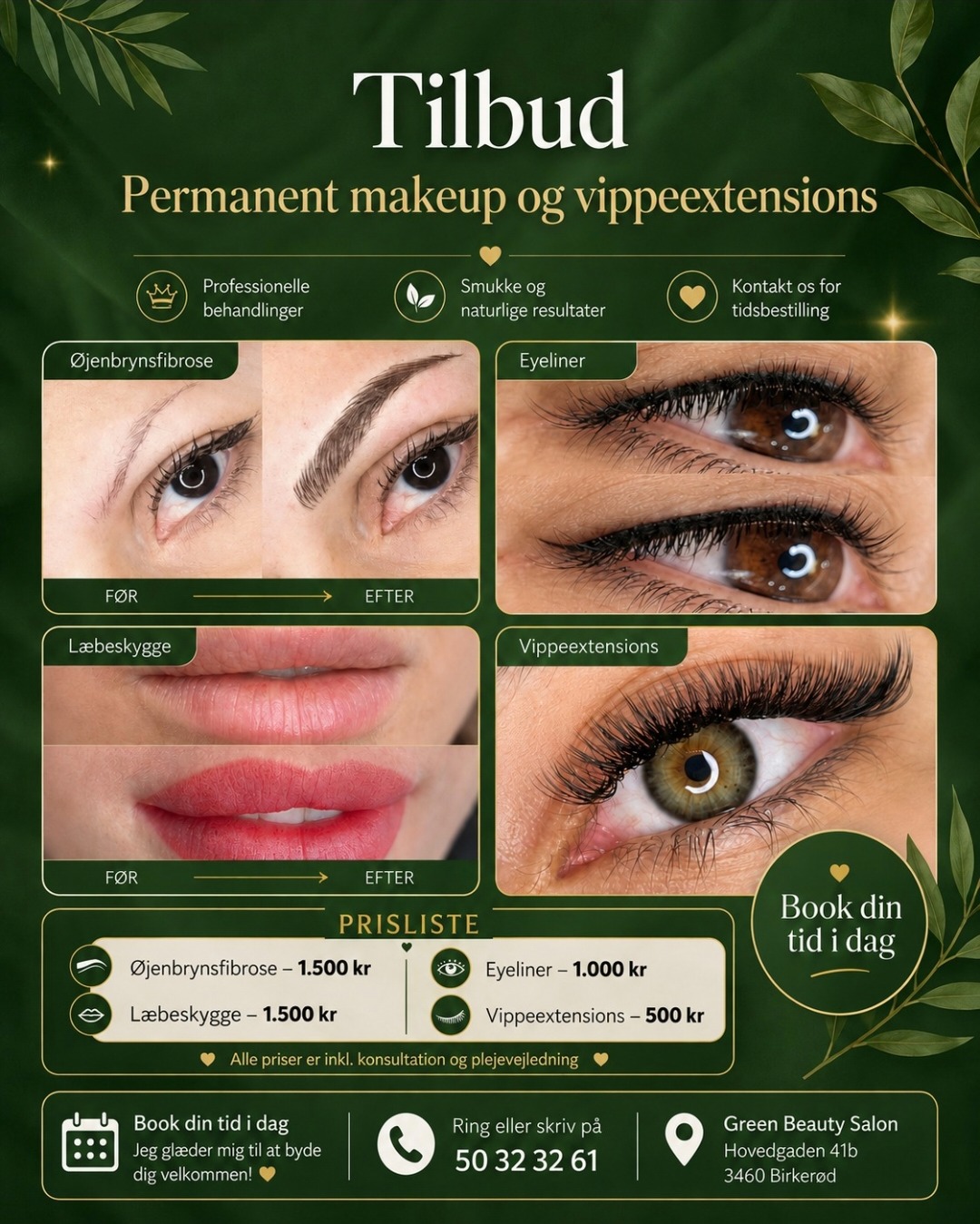 Tilbud på permanent makeup og vippeextensions hos Green Beauty Salon & Clinic i Birkerød
